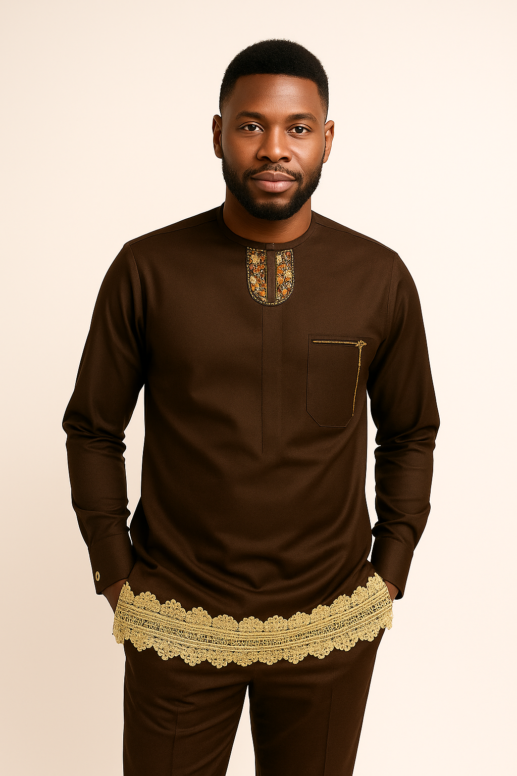 Men’s Chocolate 2-Piece Set with Gold Lace Hem