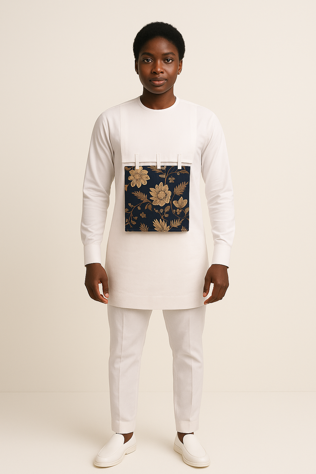 Ivory Panel – Men's Tunic with Floral Accent