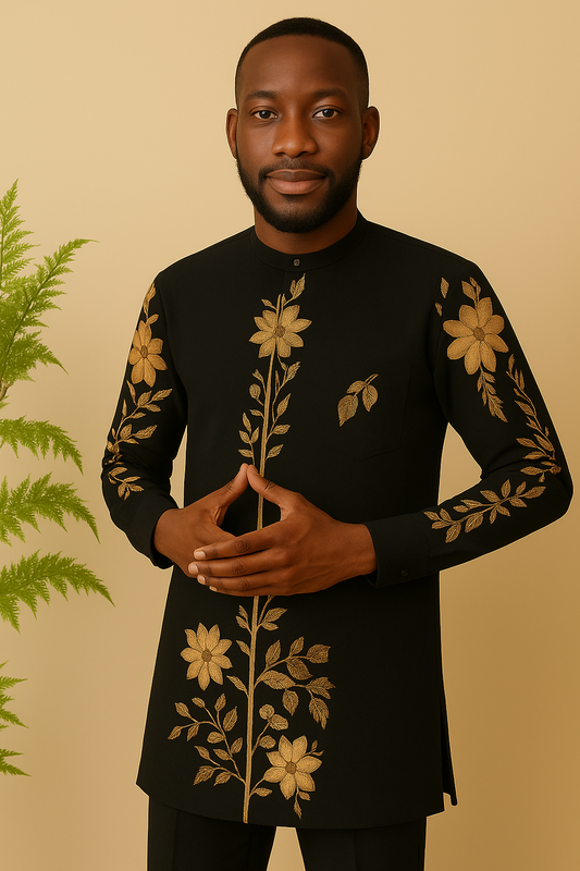 Noir Bloom – Men’s Floral Tunic Set