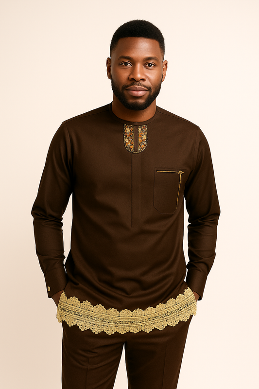 Men’s Chocolate 2-Piece Set with Gold Lace Hem